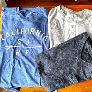 Mens M bundle: gray henley long sleeved, blue short sleeved t, black v neck
